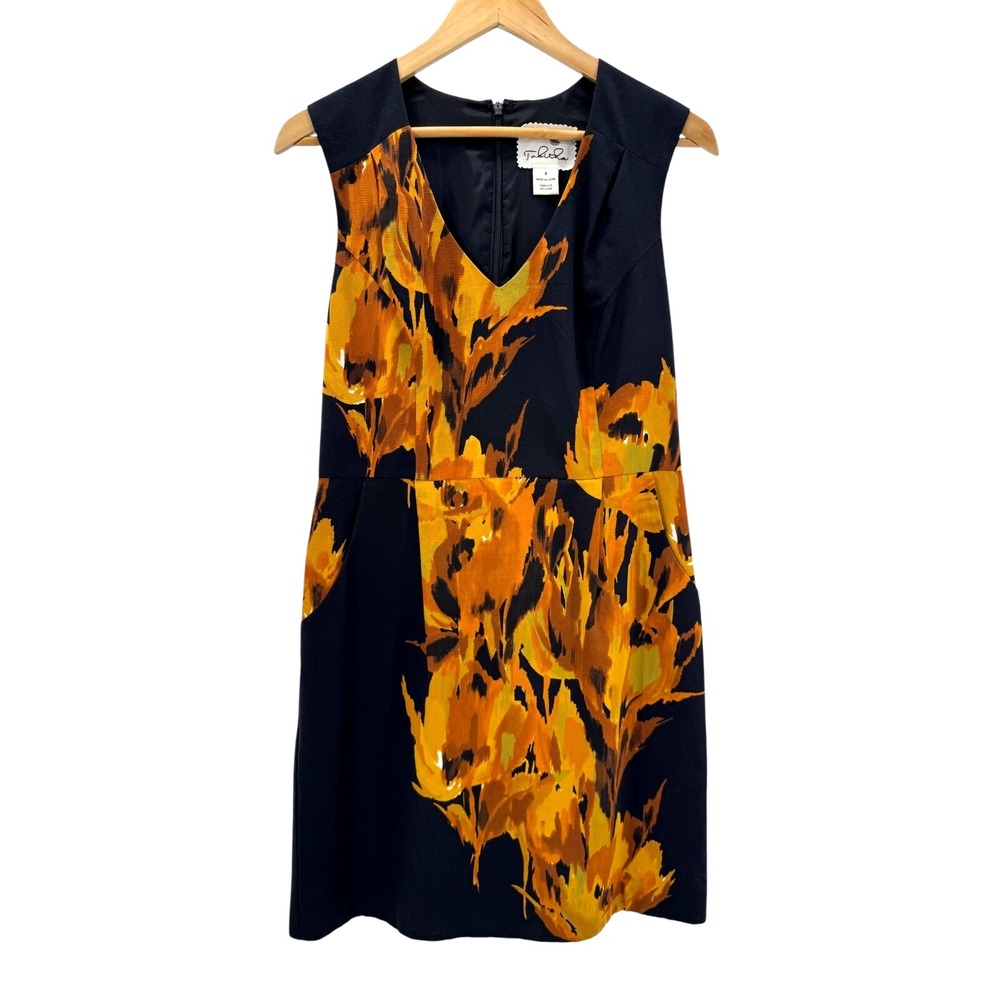 Tabitha Womens Black Yellow Floral Sleeveless V Neck‎ Pocket Sheath Dress 8
